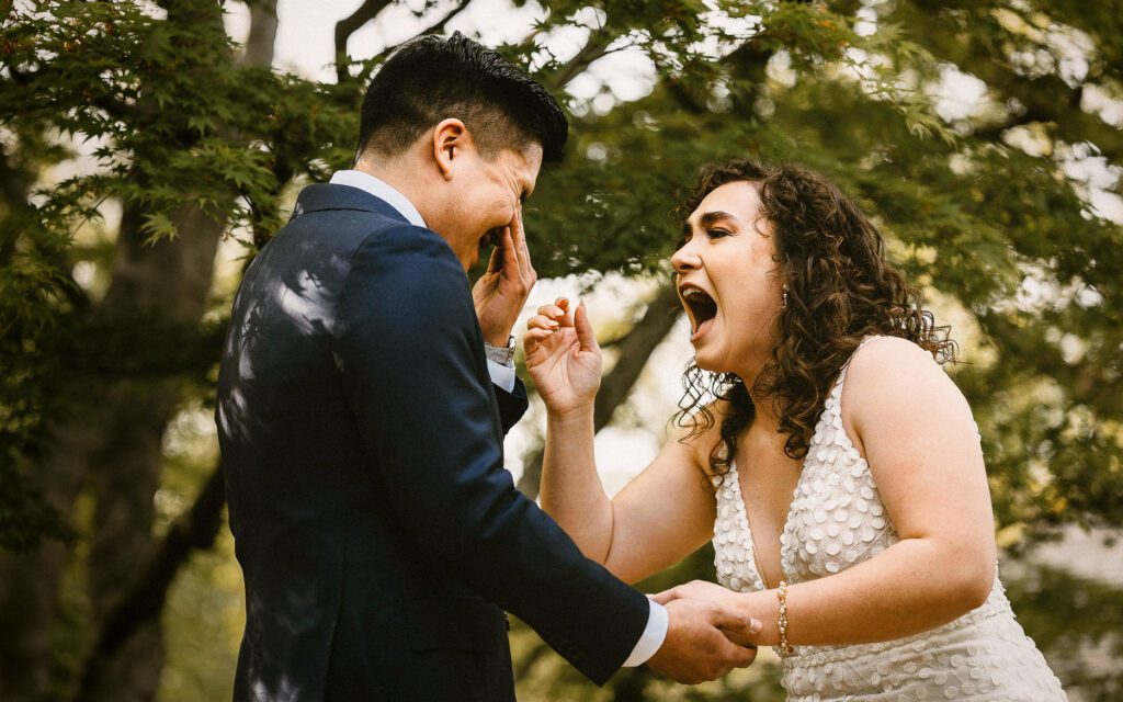 Bride and groom's reaction during first look at Hakone Gardens in San Jose California
