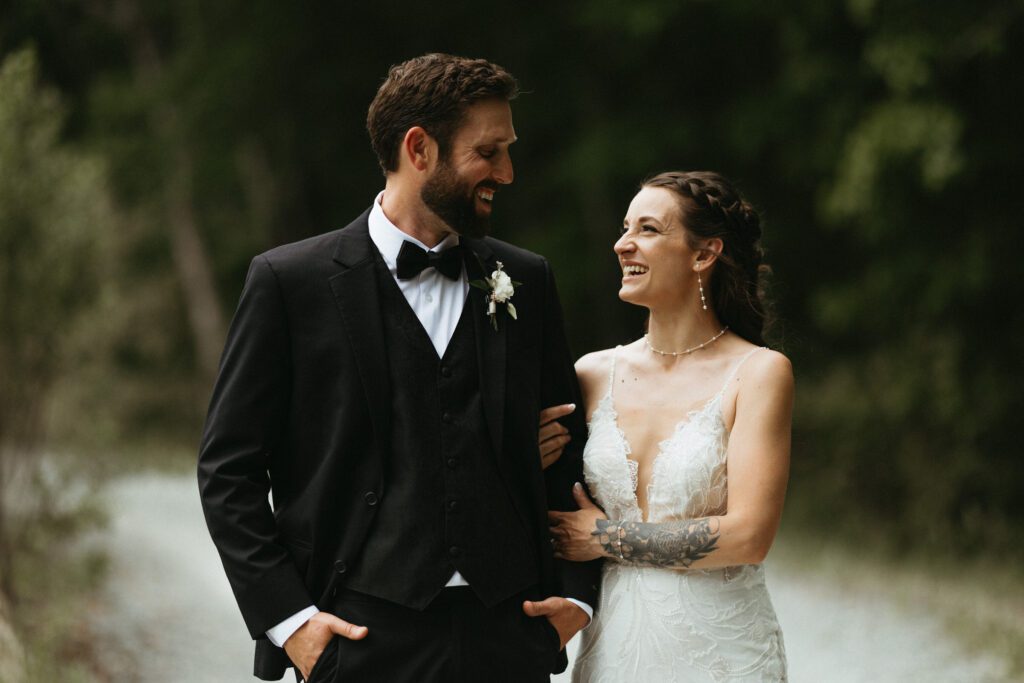     Romantic wedding portraits beneath the trees at Wolf Pond Haven in North Carolina